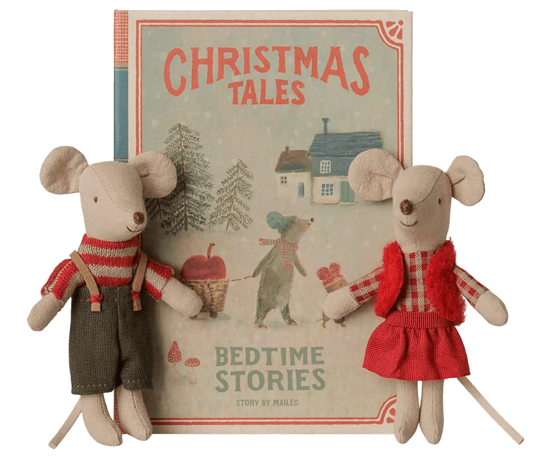 maileg christmas twin mice, little sister and little brother in book